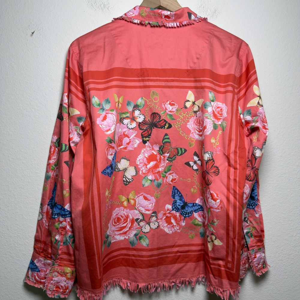 Ali Miles Womens 100% Cotton Button Up Shirt L Pink Floral Butterfly Fringe Trim - Picture 8 of 10